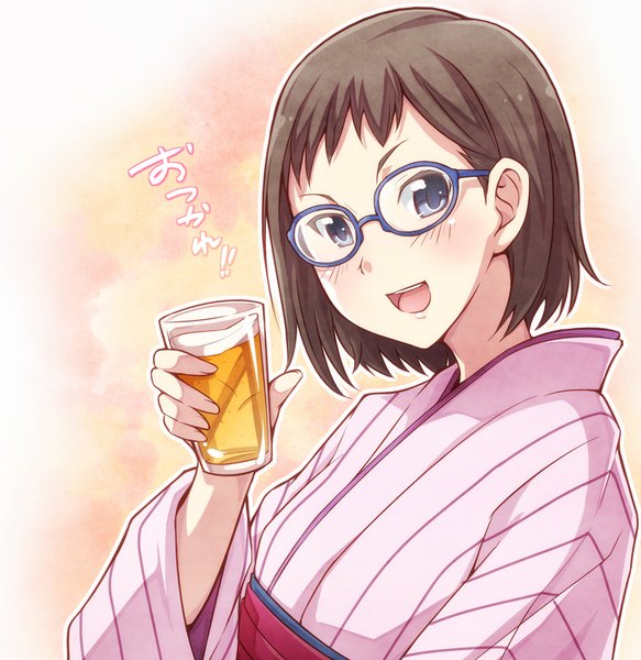 Anime picture 874x900 with shirobako p.a. works iguchi yumi e20 single tall image blush short hair open mouth blue eyes simple background brown hair looking away upper body traditional clothes :d japanese clothes text >:d girl