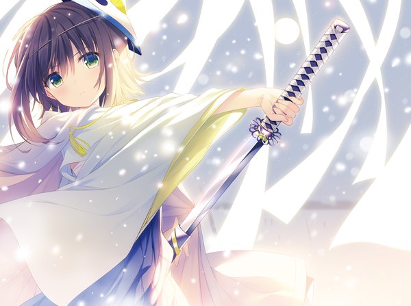 Anime picture 1000x746 with yamucha single looking at viewer blush fringe short hair black hair hair between eyes holding green eyes traditional clothes japanese clothes sunlight wide sleeves snowing mask on head unsheathing girl weapon sword