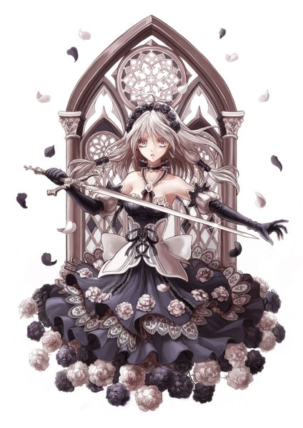 Anime picture 1447x2047 with original souya touki single long hair tall image looking at viewer fringe open mouth standing twintails bare shoulders hair flower grey hair grey eyes spread arms lacing girl dress gloves hair ornament