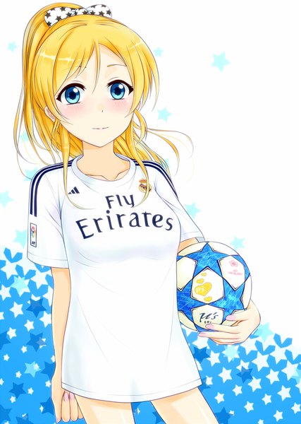 Anime picture 712x1000 with love live! school idol project sunrise (studio) love live! ayase eli hiro9779 single long hair tall image looking at viewer blush fringe blue eyes blonde hair smile hair between eyes standing holding ponytail nail polish short sleeves