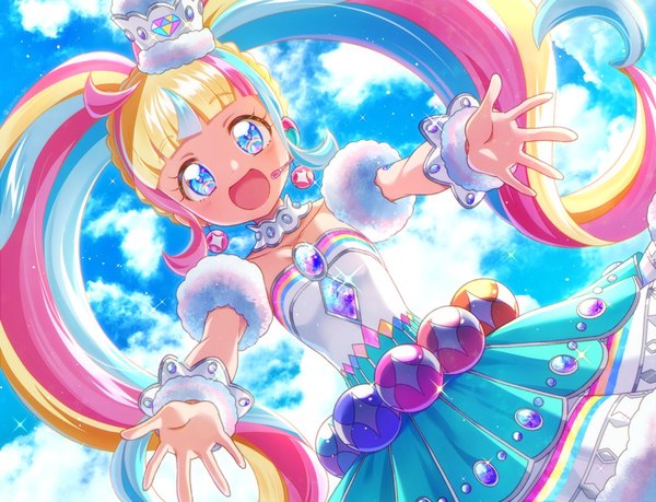 Anime picture 1700x1300 with kiratto pri chan pretty (series) daia (pri chan) hizuki (hiduki6121) single looking at viewer fringe open mouth blue eyes twintails sky cloud (clouds) blunt bangs very long hair :d multicolored hair sparkle outstretched hand girl dress