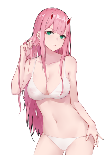 Anime picture 2480x3507 with darling in the franxx studio trigger zero two (darling in the franxx) yoruciel single long hair tall image looking at viewer fringe highres breasts light erotic large breasts standing bare shoulders payot pink hair cleavage horn (horns) aqua eyes