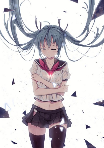 Anime picture 793x1122 with vocaloid hatsune miku soulkiller (brz) single tall image blush white background twintails eyes closed very long hair aqua hair tears girl thighhighs skirt uniform black thighhighs miniskirt serafuku