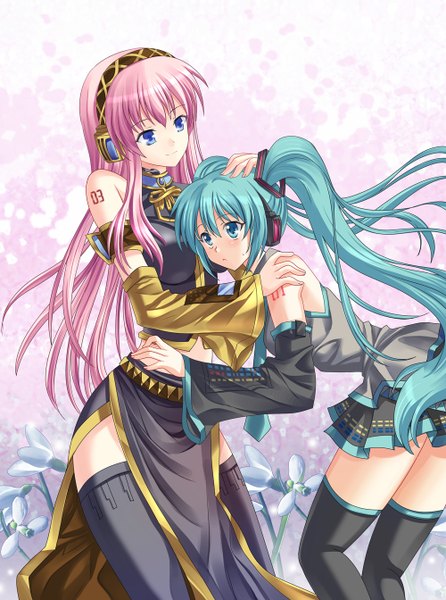 Anime picture 1000x1344 with vocaloid hatsune miku megurine luka pico (picollector79) long hair tall image blue eyes twintails pink hair aqua hair zettai ryouiki shoujo ai girl thighhighs skirt flower (flowers) black thighhighs detached sleeves miniskirt headphones