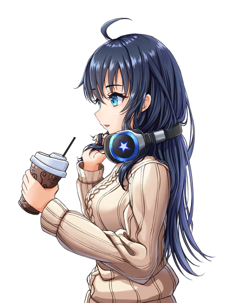 Anime picture 1400x1725 with original star-ring single long hair tall image fringe open mouth blue eyes black hair simple background hair between eyes standing white background holding looking away upper body ahoge long sleeves profile headphones around neck