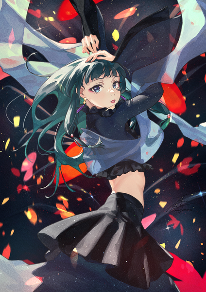 Anime picture 1061x1500 with kusuriya no hitorigoto maomao (kusuriya no hitorigoto) fadingz single long hair tall image looking at viewer blue eyes signed aqua hair arms up midriff lipstick red lipstick girl skirt earrings miniskirt black skirt