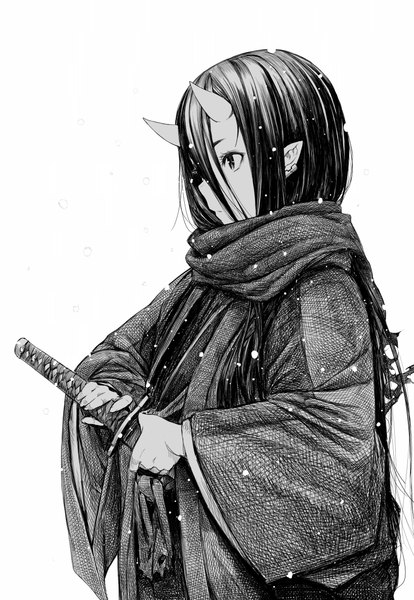 Anime picture 1636x2372 with original shiro shougun single long hair tall image fringe simple background white background holding upper body traditional clothes japanese clothes horn (horns) fingernails pointy ears torn clothes monochrome snowing eyebrows demon girl