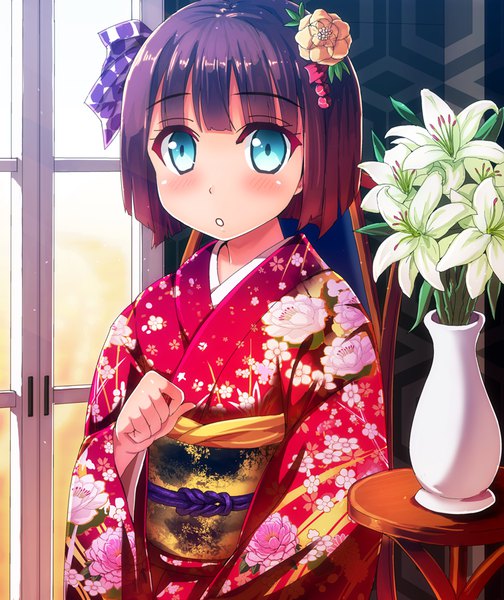 Anime picture 757x900 with original tashimu single tall image looking at viewer blush fringe short hair open mouth black hair sitting upper body blunt bangs traditional clothes parted lips japanese clothes hair flower aqua eyes wide sleeves :o
