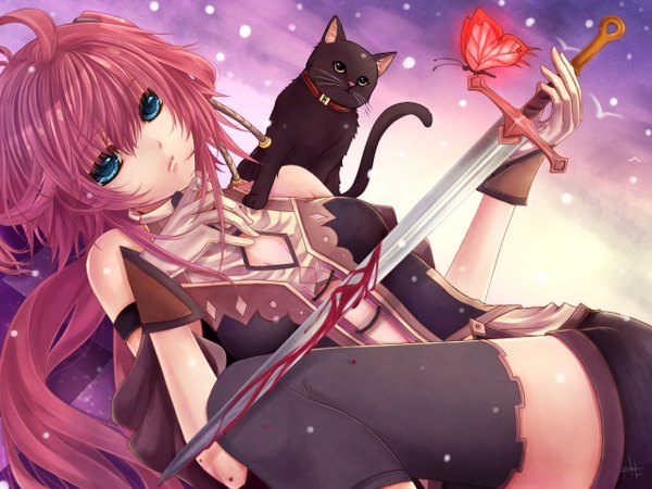 Anime picture 1280x960 with rukaver single long hair looking at viewer fringe breasts blue eyes holding signed pink hair lying inscription on side glow bloody weapon girl thighhighs gloves weapon animal