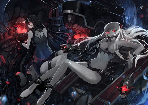 Anime picture 1920x1366 with kantai collection battleship-symbiotic hime airfield hime ni-class destroyer saberiii long hair looking at viewer highres breasts light erotic black hair hair between eyes red eyes sitting multiple girls white hair horn (horns) fingernails teeth glowing