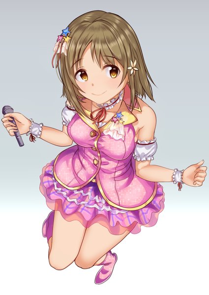 Anime picture 1451x2048 with idolmaster idolmaster cinderella girls mimura kanako q (ed69) single tall image blush short hair smile brown hair bare shoulders yellow eyes looking away hair flower from above girl hair ornament flower (flowers) star (symbol) wrist cuffs