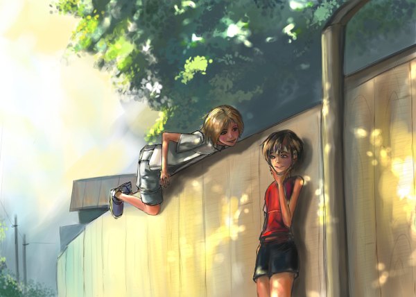 Anime picture 1280x914 with original hangmoon short hair blonde hair smile brown hair boy plant (plants) tree (trees) shorts boots short shorts t-shirt