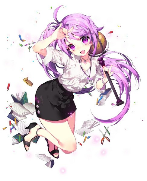 Anime picture 700x863 with elsword aisha landar pika (kai9464) single tall image looking at viewer fringe open mouth smile white background purple eyes holding purple hair very long hair high heels teacher girl skirt shirt id card