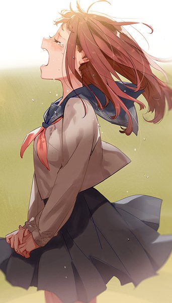 Anime picture 485x850 with tokyo 7th sisters harumi kajika ekao single long hair tall image blush fringe open mouth simple background brown hair eyes closed profile blurry tears floating hair crying hands clasped messy hair wind lift