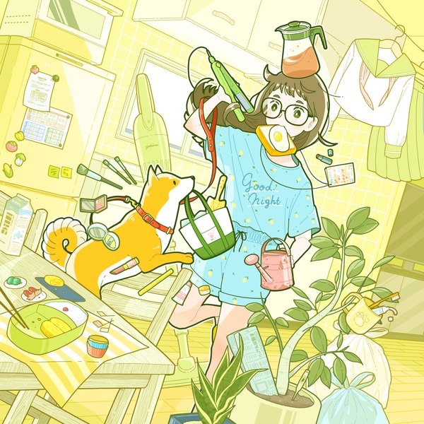 Anime picture 1322x1322 with original yoshimon single long hair brown hair standing holding indoors mouth hold standing on one leg food in mouth hairdressing shiba inu toast in mouth girl uniform plant (plants) animal glasses serafuku