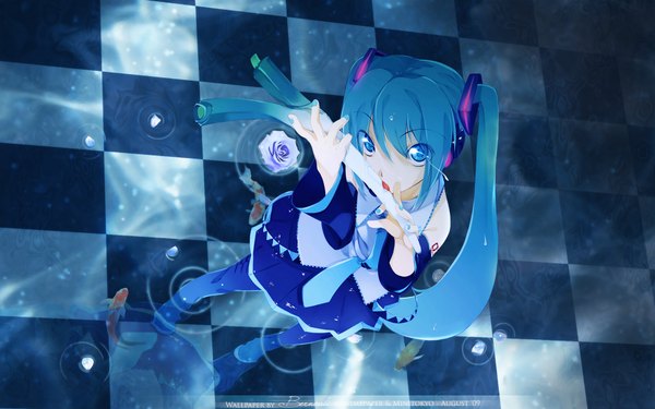 Anime picture 1920x1200 with vocaloid hatsune miku maruku single looking at viewer fringe highres blue eyes wide image standing twintails bare shoulders blue hair absurdres checkered floor girl skirt hair ornament flower (flowers) ribbon (ribbons)