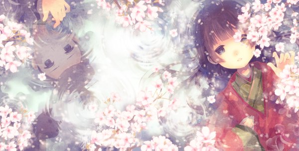 Anime picture 1200x607 with original mirusa long hair blue eyes brown hair wide image lying japanese clothes cherry blossoms reflection girl boy petals water kimono child (children)
