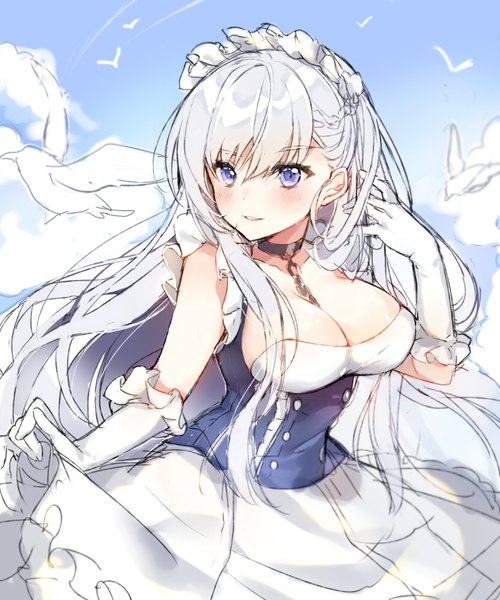 Anime picture 829x994 with azur lane belfast (azur lane) pingo single long hair tall image blush fringe breasts light erotic hair between eyes large breasts purple eyes payot looking away sky cleavage silver hair parted lips maid