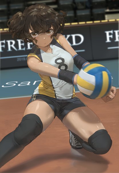 Anime picture 2776x4013 with original free style (yohan1754) single tall image looking at viewer blush fringe highres short hair light erotic hair between eyes brown hair brown eyes indoors sweat two side up dark skin playing sports volleyball girl