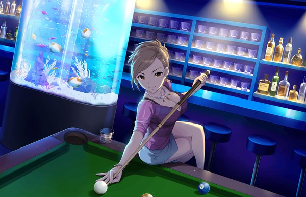 Anime picture 2560x1648 with idolmaster idolmaster cinderella girls idolmaster cinderella girls starlight stage hyoudou rena single looking at viewer highres short hair breasts brown hair sitting brown eyes cleavage official art billiards girl skirt miniskirt bar aquarium