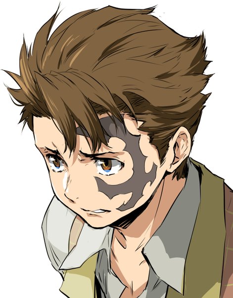 Anime picture 2208x2808 with baccano! jacuzzi splot enami katsumi single tall image highres short hair simple background brown hair white background brown eyes looking away from above tattoo portrait open collar boy