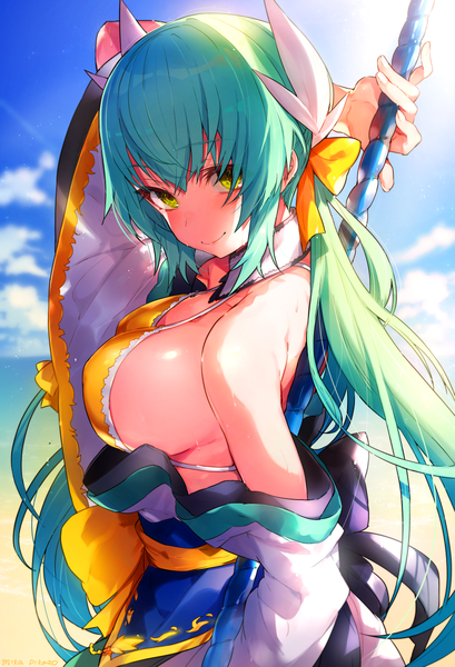 Anime picture 886x1300 with fate (series) fate/grand order kiyohime (fate) kiyohime (swimsuit lancer) (fate) mika pikazo single long hair tall image looking at viewer blush fringe breasts light erotic smile hair between eyes large breasts holding signed yellow eyes payot