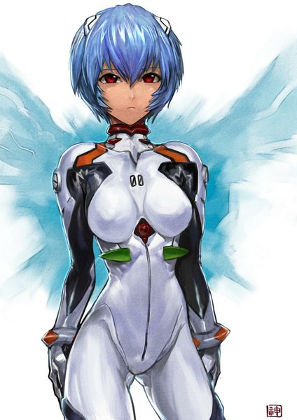 Anime picture 720x1019 with neon genesis evangelion gainax ayanami rei jintetsu single tall image looking at viewer short hair simple background red eyes white background blue hair fake wings girl wings pilot suit