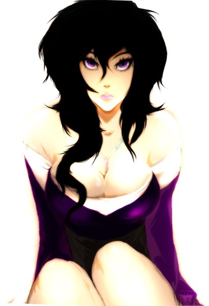 Anime picture 2083x3048 with original ibroid (artist) single long hair tall image looking at viewer highres breasts light erotic black hair simple background large breasts white background purple eyes bare shoulders lips girl