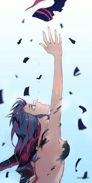 Anime picture 750x1482 with kill la kill studio trigger matoi ryuuko galanyu single tall image short hair open mouth light erotic signed red hair profile multicolored hair grey hair black eyes two-tone hair streaked hair tears outstretched arm looking up
