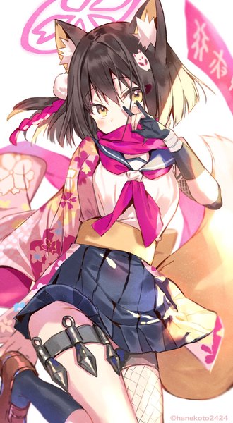 Anime picture 1126x2048 with blue archive izuna (blue archive) hanekoto single tall image looking at viewer fringe short hair hair between eyes brown hair signed animal ears yellow eyes tail animal tail pleated skirt twitter username fox ears fox tail fox girl