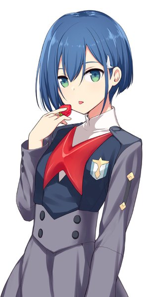 Anime picture 636x1259 with darling in the franxx studio trigger ichigo (darling in the franxx) hiraga matsuri single tall image fringe short hair simple background hair between eyes white background green eyes blue hair upper body girl uniform school uniform food hairclip berry (berries)