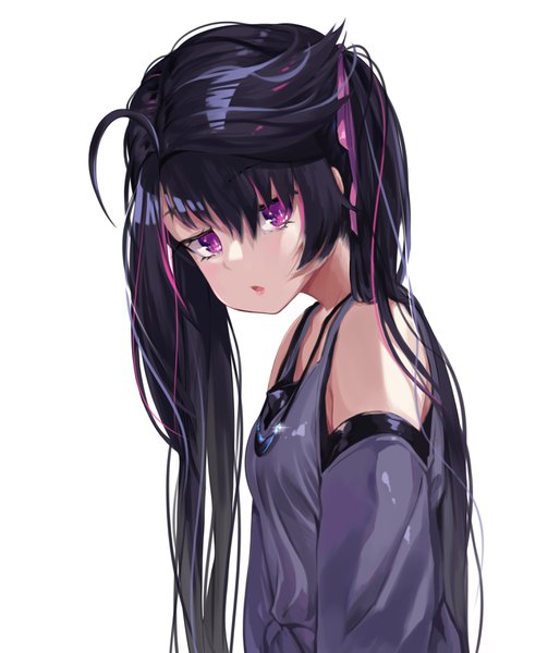 Anime picture 3000x3500 with original torriet single long hair tall image looking at viewer fringe highres open mouth black hair simple background hair between eyes white background purple eyes twintails bare shoulders upper body ahoge long sleeves head tilt