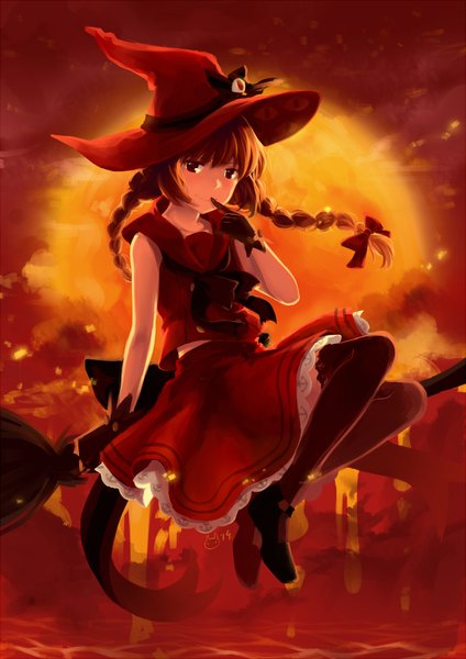Anime picture 707x1000 with wadanohara and the great blue sea wadanohara hinakanin single long hair tall image smile brown hair brown eyes sky braid (braids) twin braids finger to mouth evening sunset girl thighhighs dress bow black thighhighs