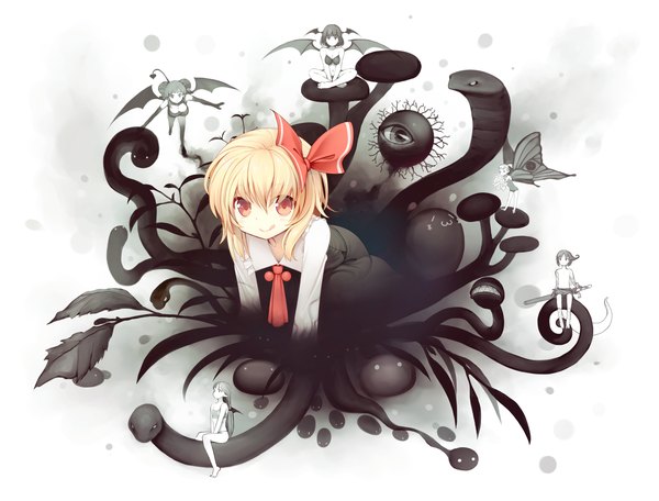 Anime picture 1250x950 with touhou rumia fujishiro touma looking at viewer short hair blonde hair smile red eyes fairy girl dress bow hair bow snake