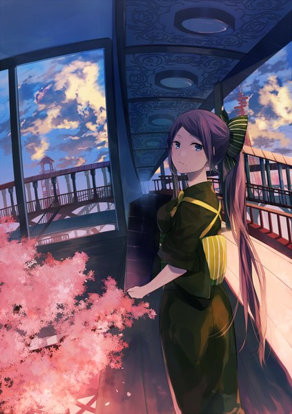Anime picture 565x800 with original achiki single long hair tall image blue eyes standing holding pink hair sky cloud (clouds) ponytail traditional clothes japanese clothes looking back sunlight cherry blossoms girl bow plant (plants)