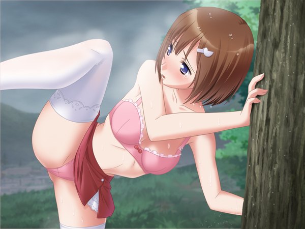 Anime picture 1024x768 with hiyoko strike! (game) kurasumeito a yasuyuki blush short hair light erotic brown hair purple eyes game cg tears girl thighhighs hair ornament underwear panties white thighhighs lingerie bra hairclip pink panties