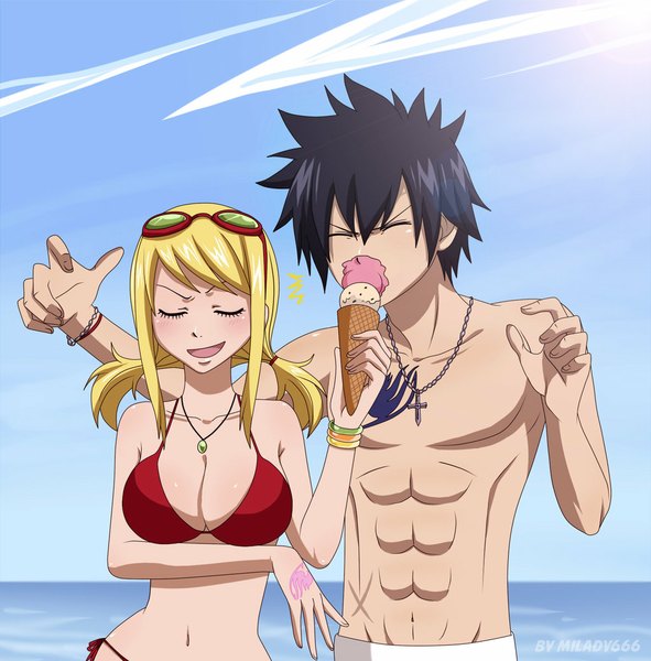 Anime picture 1024x1041 with fairy tail lucy heartfilia gray fullbuster milady666 long hair tall image blush short hair open mouth black hair blonde hair twintails sky cloud (clouds) eyes closed sunlight tattoo muscle girl boy