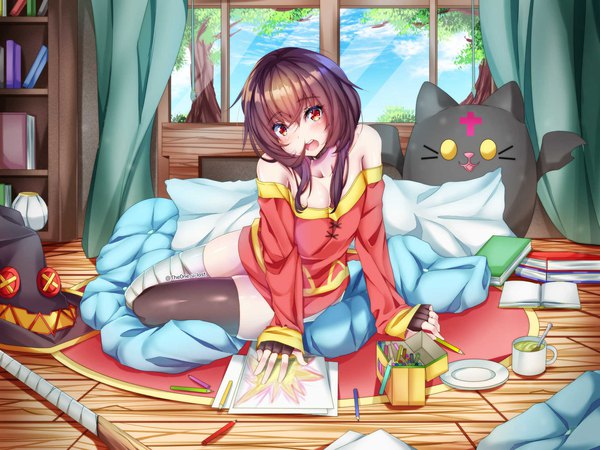 Anime picture 1920x1440 with kono subarashii sekai ni shukufuku wo! studio deen megumin the0neulost single long hair looking at viewer fringe highres open mouth hair between eyes red eyes brown hair bare shoulders signed yellow eyes payot sky full body indoors