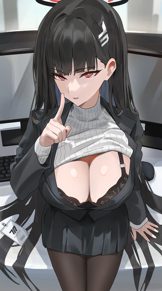 Anime picture 4002x7185 with blue archive rio (blue archive) hood (james x) single long hair tall image looking at viewer fringe highres breasts light erotic black hair red eyes large breasts sitting absurdres cleavage indoors blunt bangs long sleeves