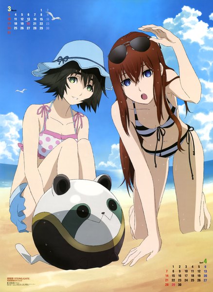 Anime picture 5874x8039 with steins;gate white fox makise kurisu shiina mayuri long hair tall image highres short hair open mouth blue eyes light erotic black hair brown hair multiple girls green eyes absurdres cloud (clouds) scan beach girl