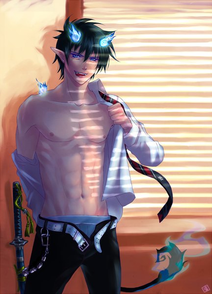 Anime picture 1296x1800 with ao no exorcist a-1 pictures okumura rin rin-shiba single tall image short hair open mouth blue eyes light erotic signed blue hair tail pointy ears open clothes teeth fang (fangs) open shirt glowing undressing