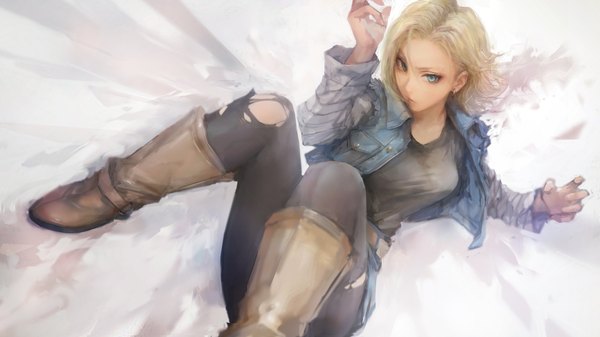 Anime-Bild 1920x1080 mit dragon ball dragon ball z android 18 misshu single looking at viewer highres short hair simple background blonde hair wide image aqua eyes open clothes open jacket torn clothes girl earrings jacket thigh boots