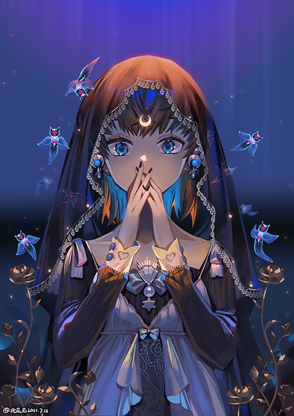 Anime picture 650x919 with original balusah single tall image looking at viewer fringe short hair blue eyes brown hair signed blue hair upper body long sleeves nail polish multicolored hair arms up two-tone hair twitter username gradient background dated
