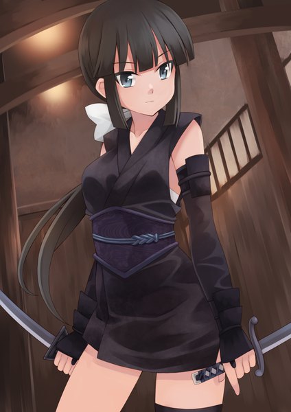 Anime picture 827x1169 with original kouno hikaru single tall image fringe black hair holding payot ponytail indoors blunt bangs grey eyes light expressionless girl gloves bow weapon hair bow detached sleeves