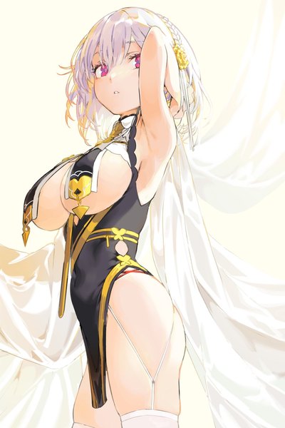 Anime picture 1000x1500 with azur lane sirius (azur lane) sirius (azure horizons) (azur lane) haimura kiyotaka single tall image looking at viewer blush fringe short hair breasts light erotic hair between eyes standing purple eyes white hair braid (braids) traditional clothes parted lips official alternate costume