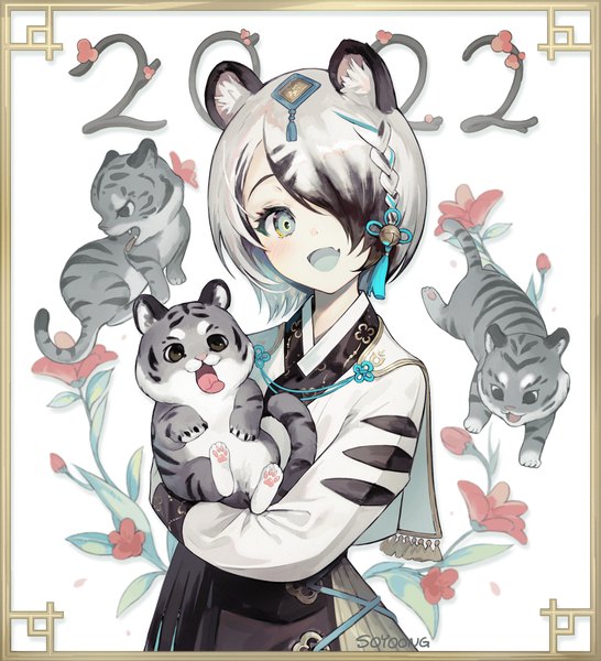 Anime picture 2314x2543 with original soyoong jun single tall image looking at viewer fringe highres short hair open mouth blue eyes animal ears silver hair upper body traditional clothes :d multicolored hair hair over one eye floral print framed new year
