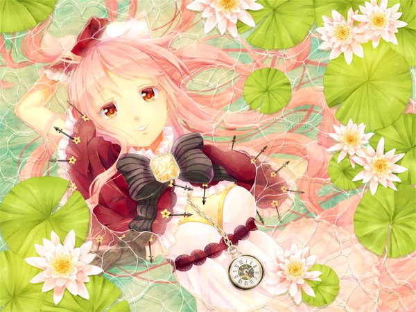 Anime picture 1200x900 with virtual youtuber atelier live pinku (vtuber) rosuuri single looking at viewer smile red eyes pink hair very long hair lips girl gloves flower (flowers) ribbon (ribbons) petals water clock pocket watch
