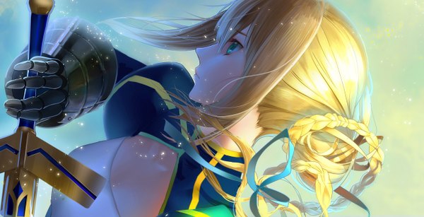 Anime picture 2583x1324 with fate (series) fate/stay night fate/zero studio deen type-moon artoria pendragon (all) saber cao xiong (tlb12121) single highres short hair blonde hair wide image green eyes braid (braids) profile girl weapon sword armor