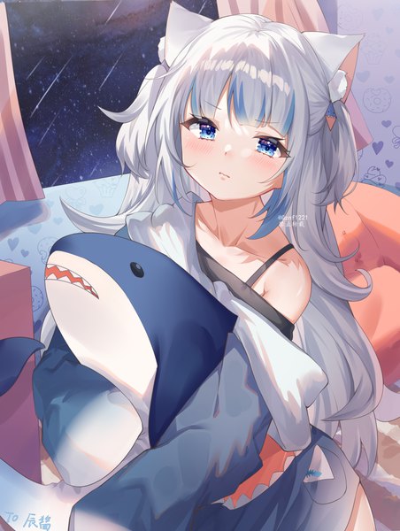 Anime-Bild 2400x3189 mit virtual youtuber hololive hololive english gawr gura guzangnanfeng single long hair tall image looking at viewer blush fringe highres blue eyes standing bare shoulders signed animal ears payot silver hair indoors