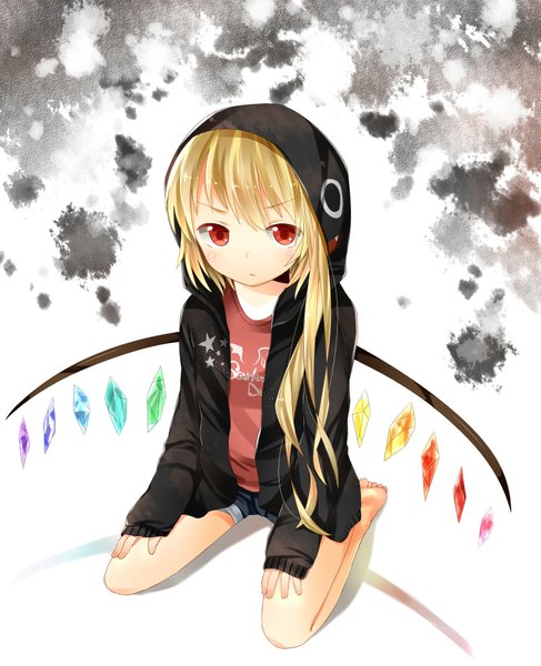 Anime picture 1525x1877 with touhou flandre scarlet m-sama single tall image looking at viewer short hair blonde hair red eyes barefoot girl wings shorts hood sweater crystal